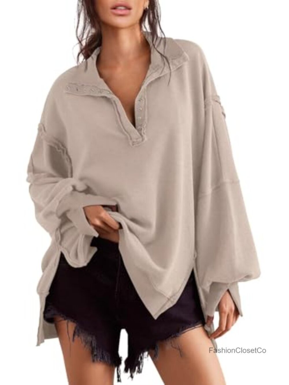 Oversized Women Henley Sweatshirt Button V-Neck Long Sleeve Tunic Top
